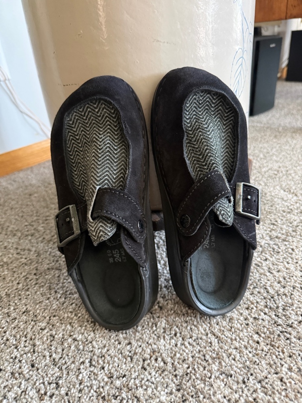 Women Black Suede Birkenstock Slip-On Shoes with Buckle